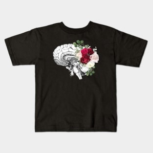 Brain human anatomy, floral, red pink roses, mental Kids T-Shirt